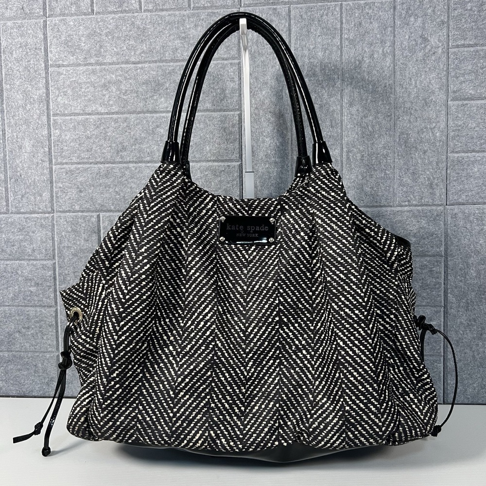 Kate Spade Stevie Baby Diaper Bag Black Herringbone Chevron Tote w/ Changing Pad